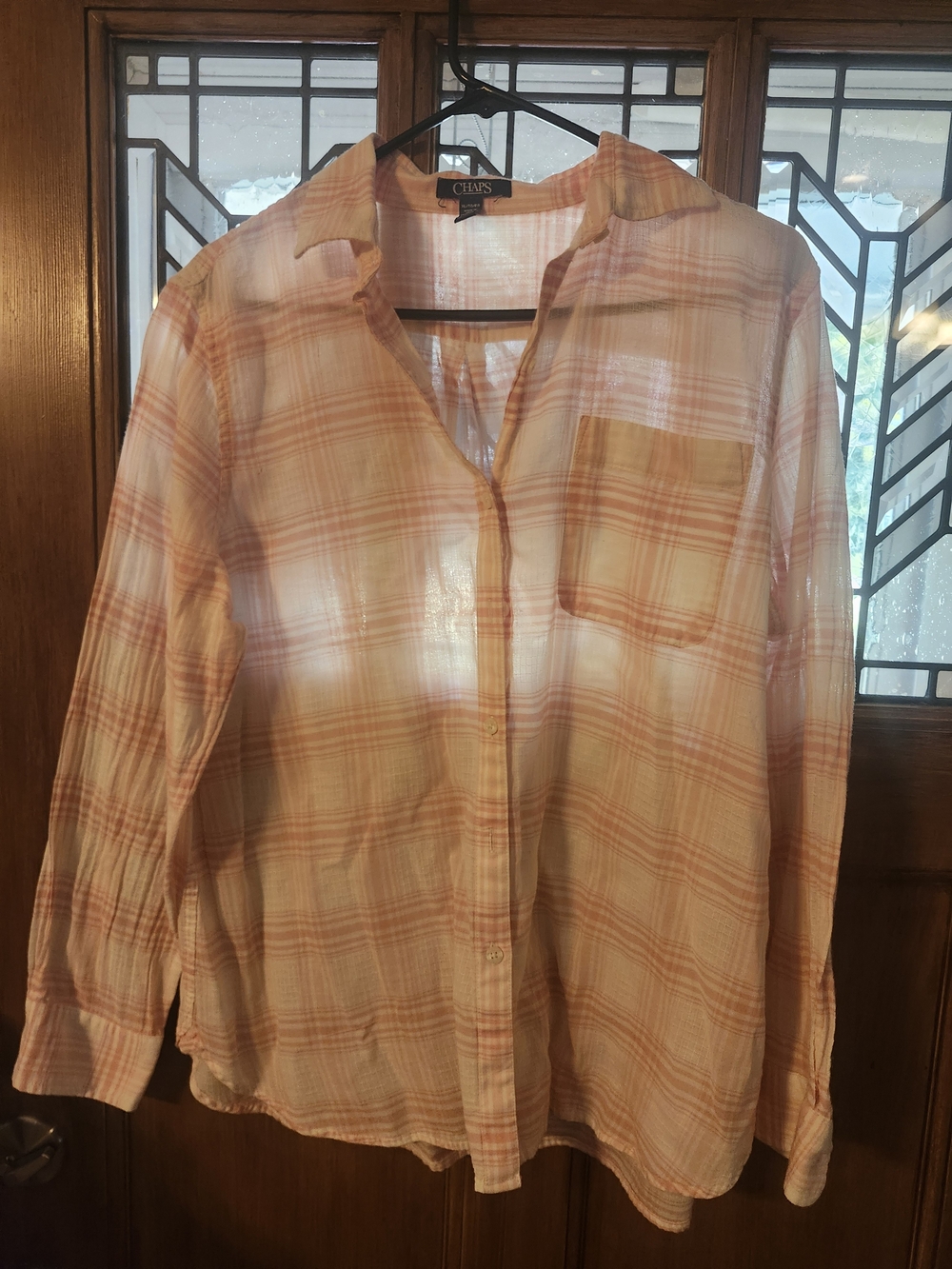 Chaps Lightweight Peach Plaid Button-Up Shirt